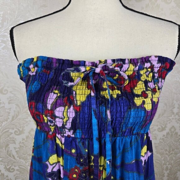 Next Size 6 Multi Color Floral Print Strapless Maxi Dress Smocked Bust with Tie - Picture 2 of 14
